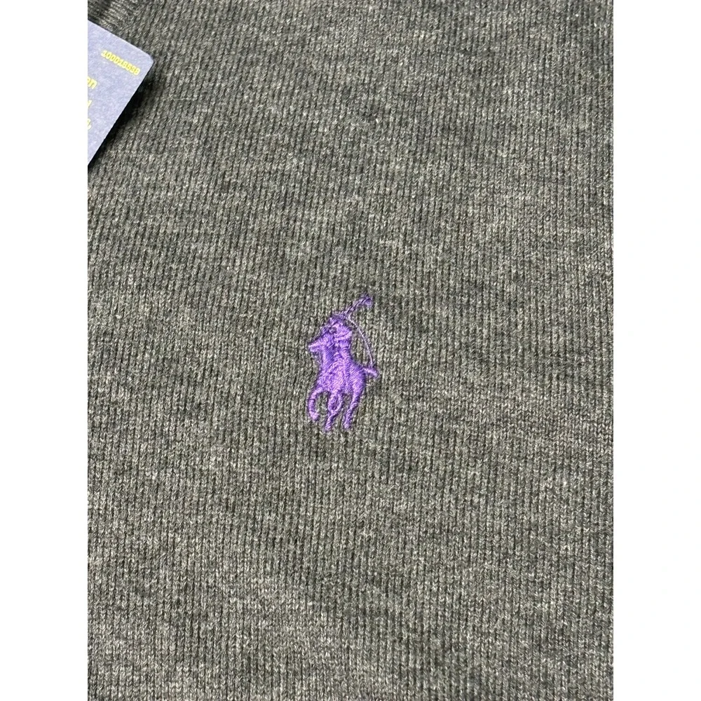 NWT Polo Ralph Lauren Mens‎ Pima Cotton V-Neck Sweater Grey Purple Pony Large